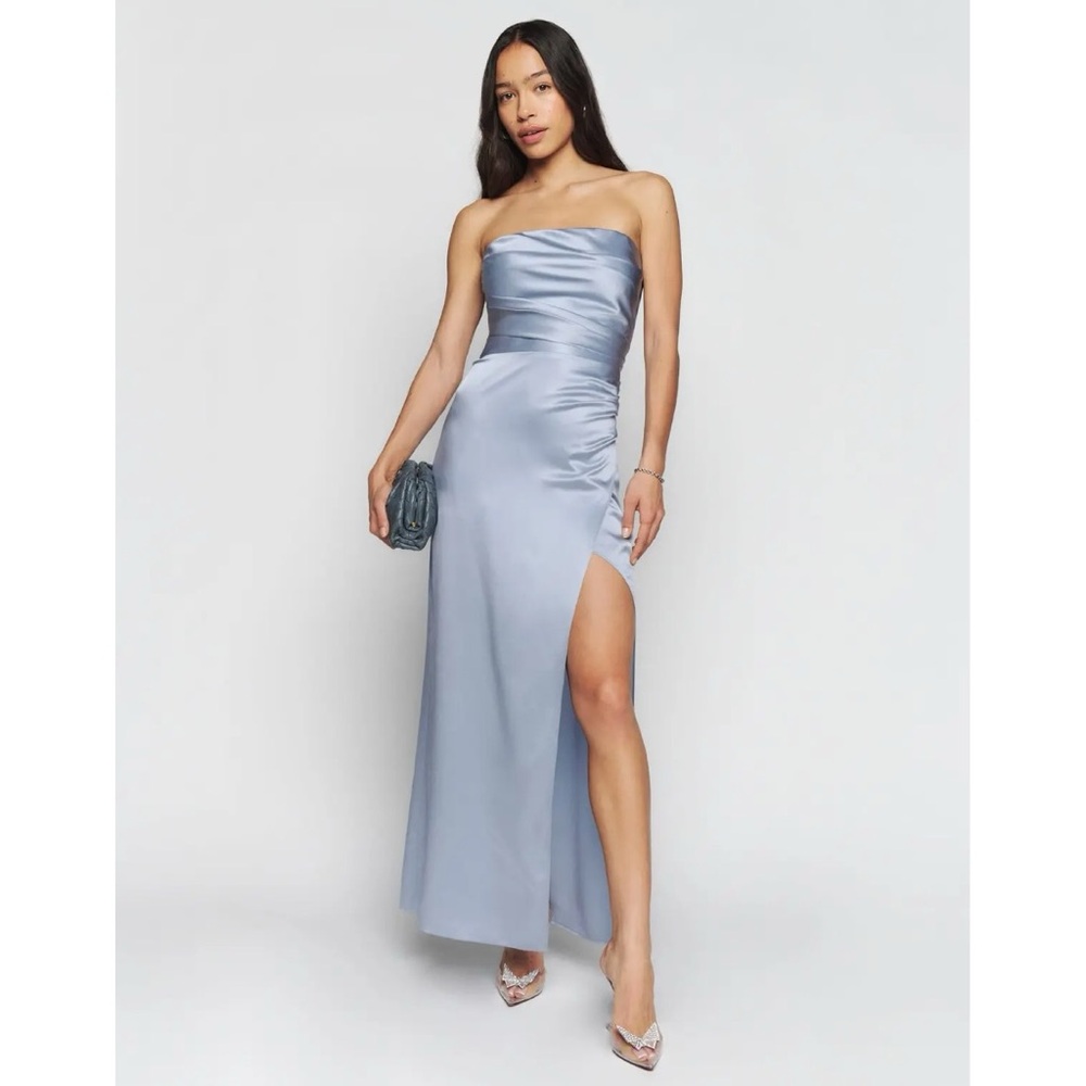 NEW Reformation Barrow Maxi Dress (Sz 12) Strapless Silk Satin Mineral Blue